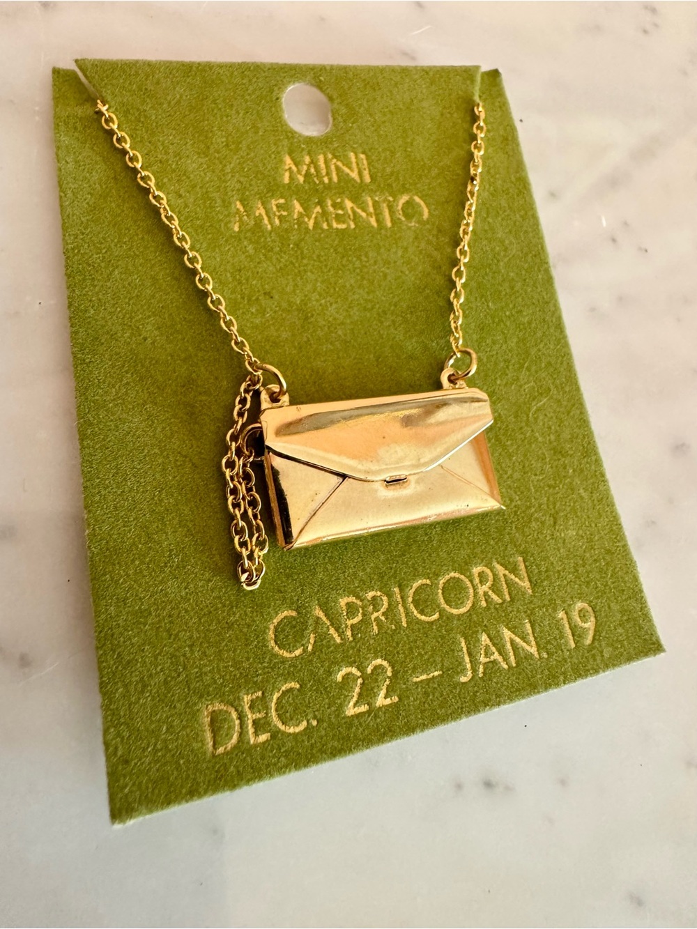 Mini Memento 1970s Deadstock Gold Plated Capricorn Zodiac Envelope Necklace, NWT